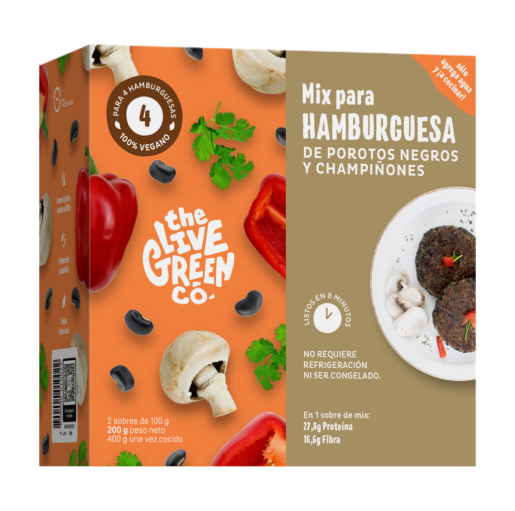 MIX PARA HAMBURGESAS POROTOS NEGROS Y CHAMPIÑONES 200 G - THE LIVE GREEN CO 