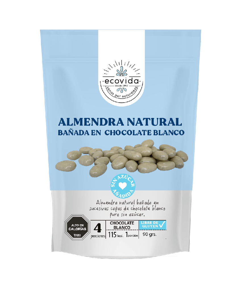 ALMENDRA NATURAL BAÑADA EN CHOCOLATE BLANCO 90 G - ECOVIDA 