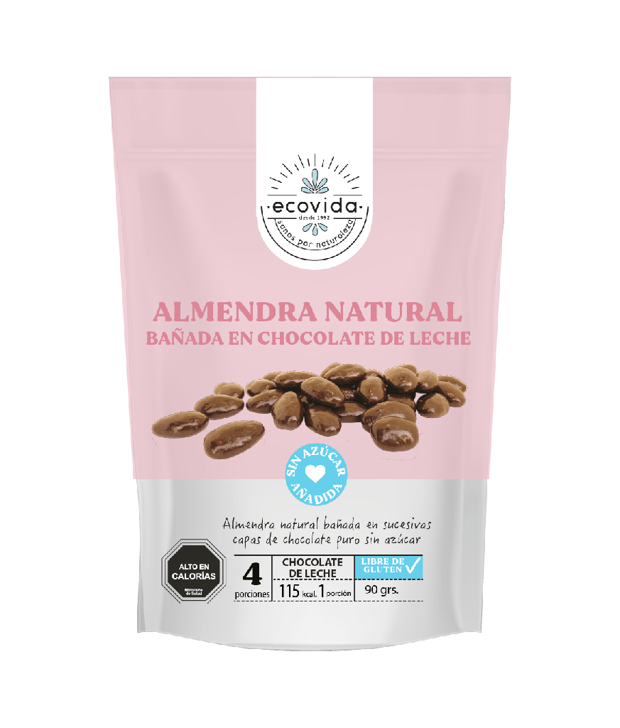 ALMENDRA NATURAL BAÑADA EN CHOCOLATE DE LECHE 90 G - ECOVIDA