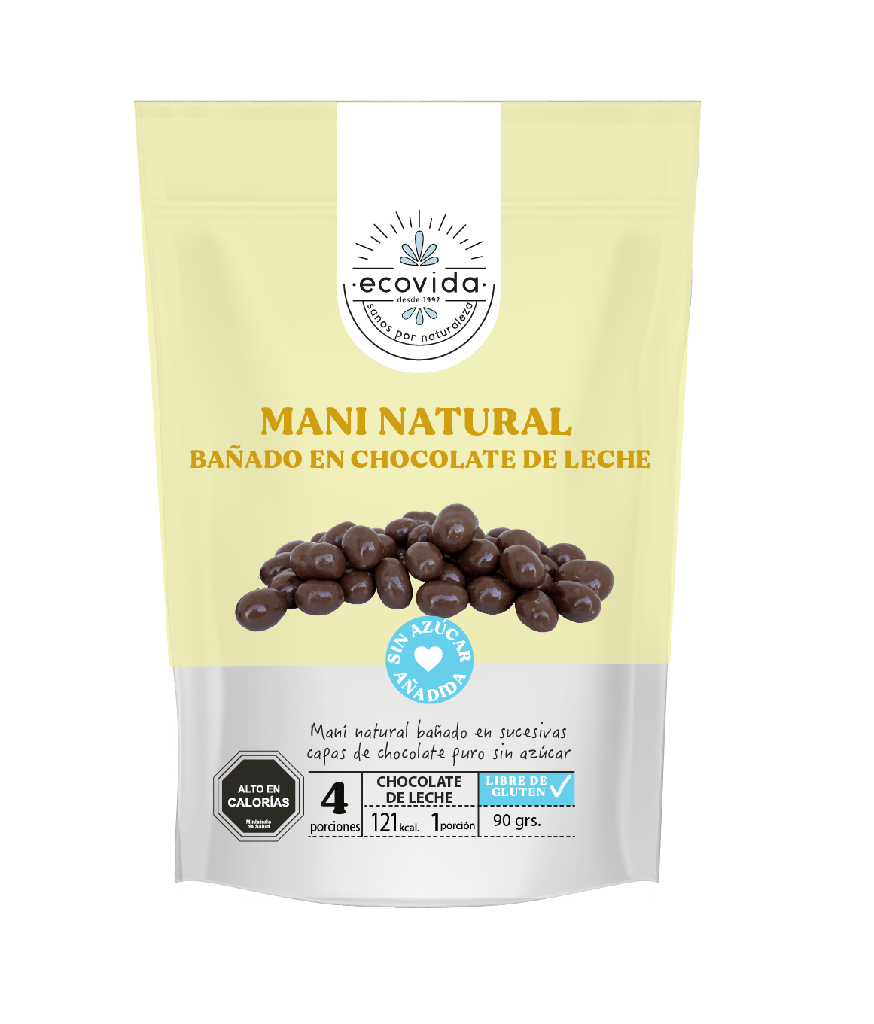 MANÍ NATURAL BAÑADO EN CHOCOLATE DE LECHE 90 G - ECOVIDA 