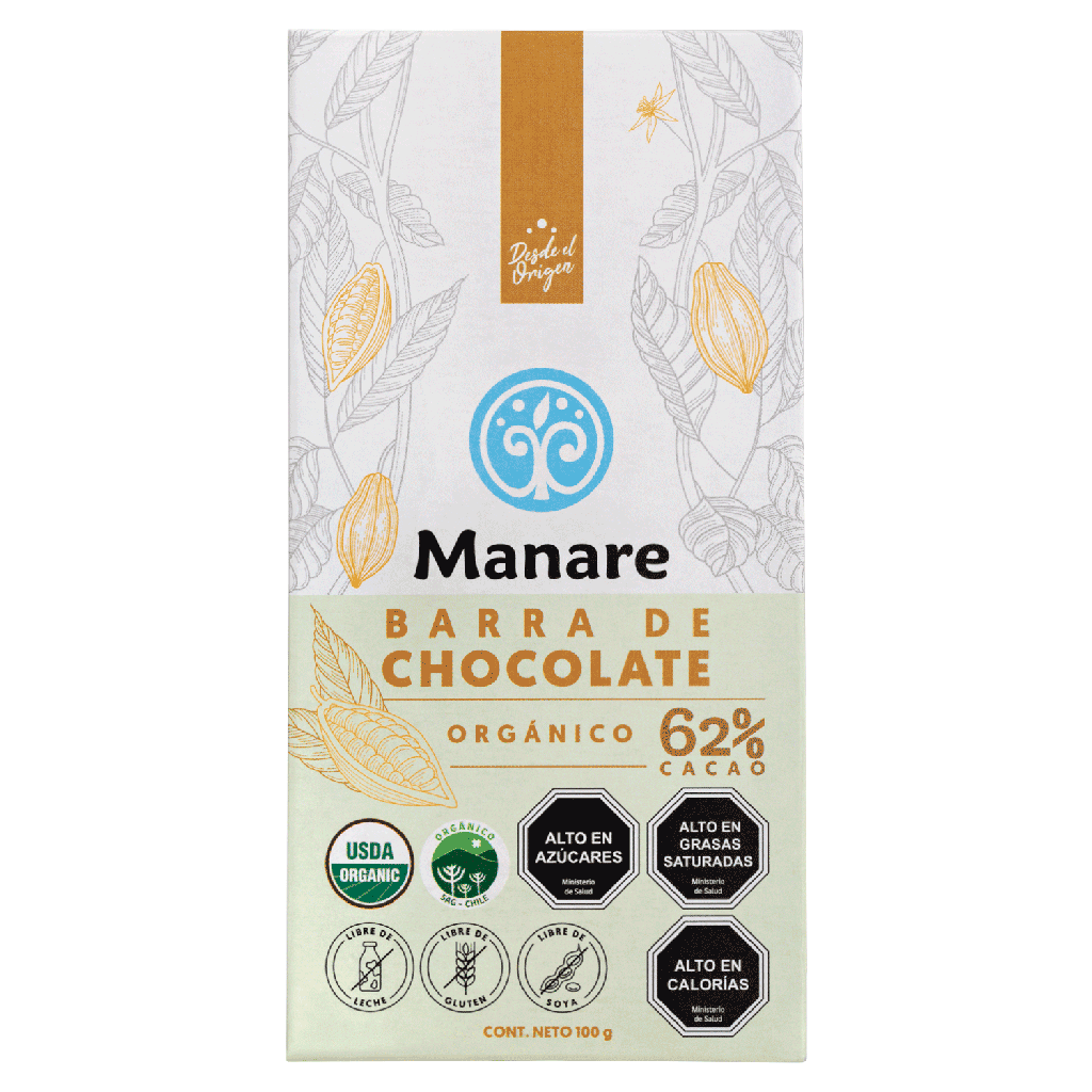 BARRA DE CHOCOLATE ORGÁNICO 62% CACAO 100 G - MANARE 