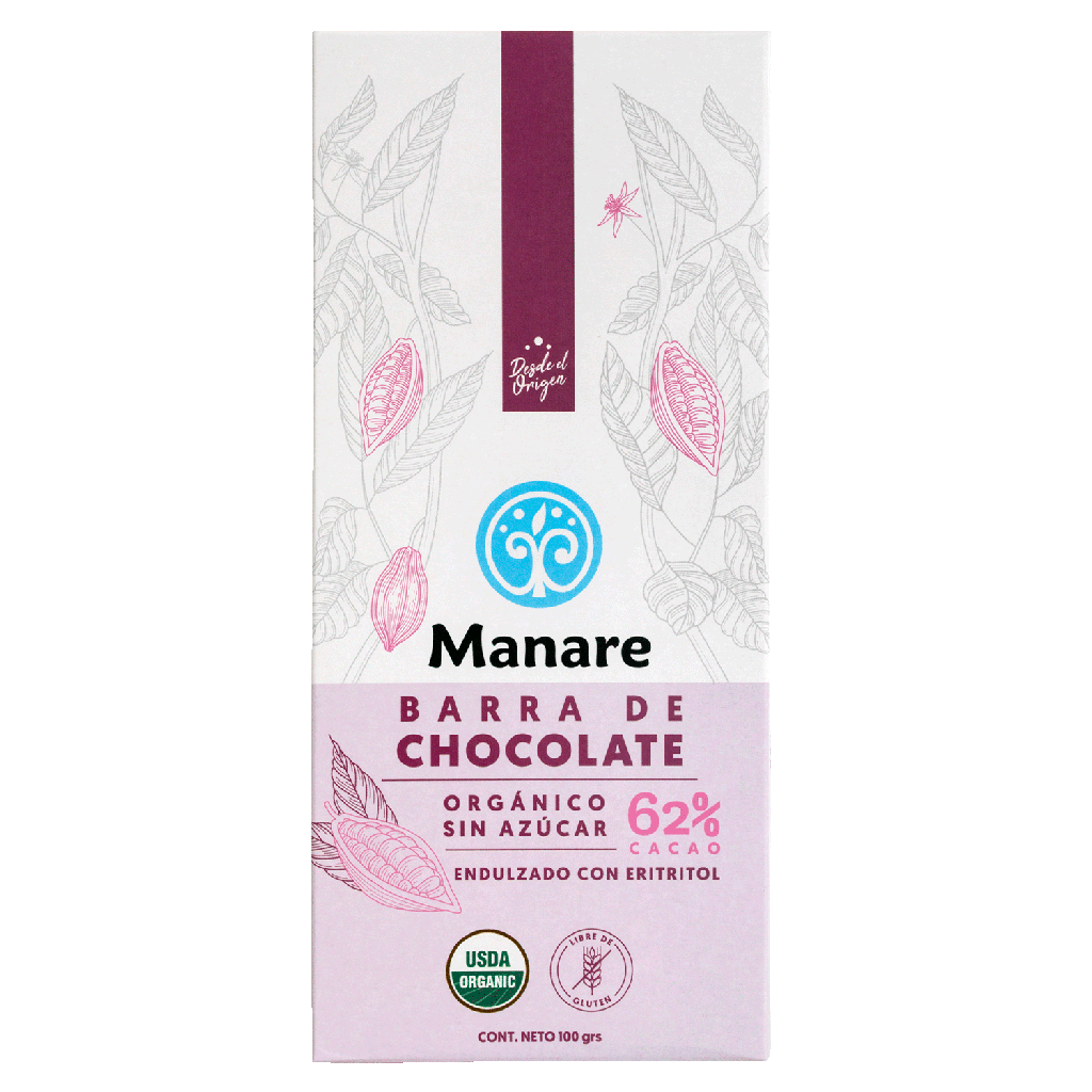 BARRA DE CHOCOLATE SIN AZÚCAR ORGÁNICO 62% CACAO 100G - MANARE 