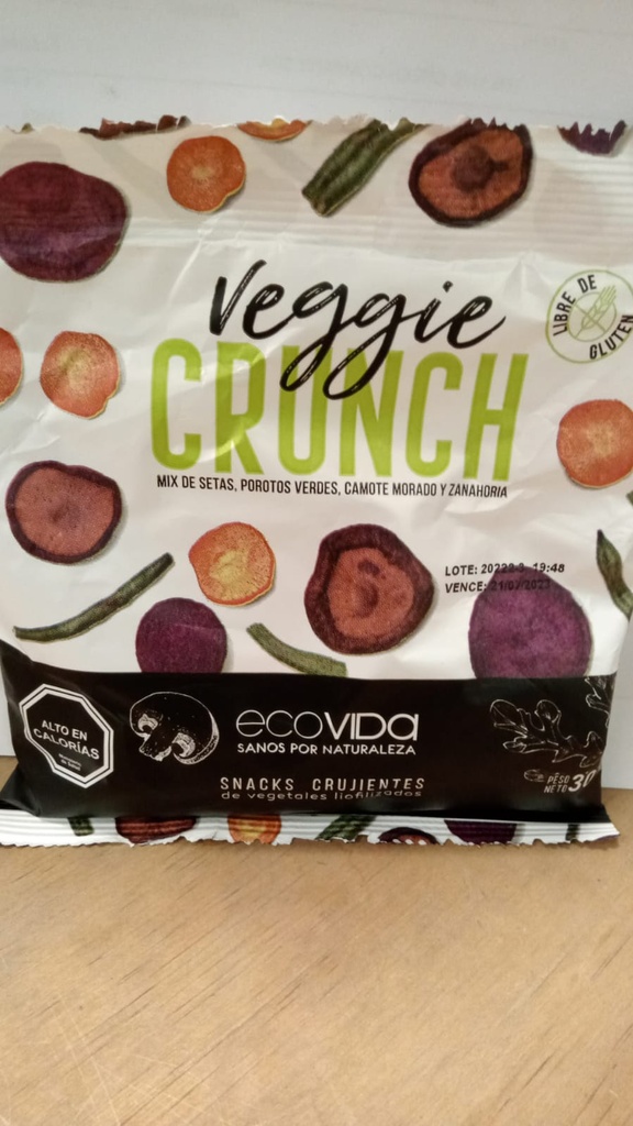 VEGGIE CRUNCH MIX DE SETAS, POROTOS VERDES, CAMOTE MORADO Y ZANAHORIA 30G-ECOVIDA